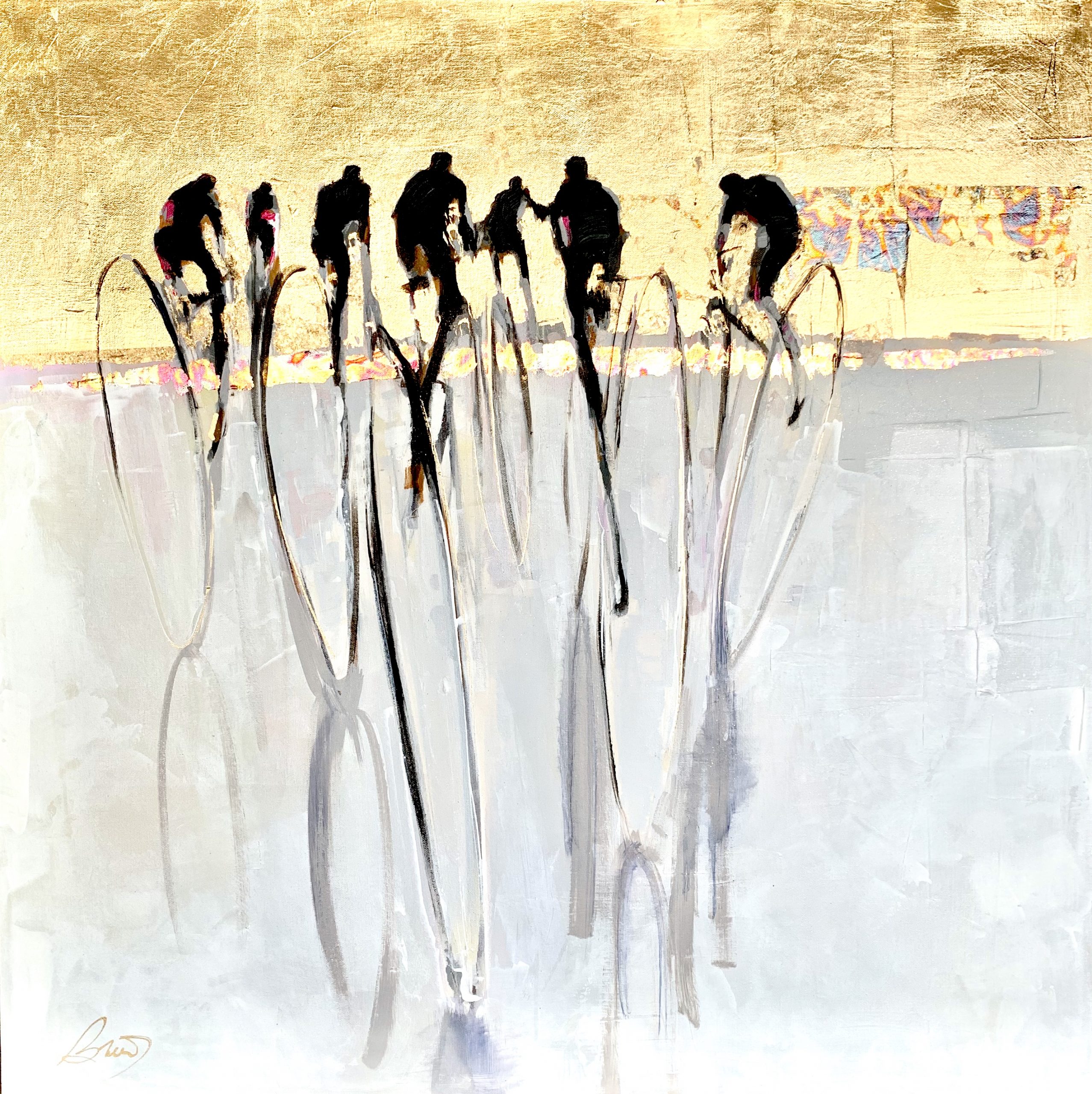 La Fugue, mixed media cyclist painting by Marie-France Boisvert | Effusion Art Gallery + Cast Glass Studio, Invermere BC