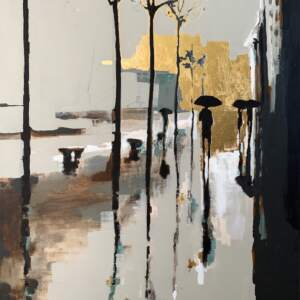 Le Quai des Brumes, mixed media cityscape painting by Marie-France Boisvert | Effusion Art Gallery + Cast Glass Studio, Invermere BC