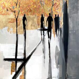 L'écho, mixed media cityscape painting by Marie-France Boisvert | Effusion Art Gallery + Glass Studio, Invermere BC
