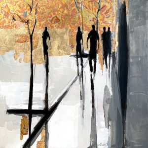 L'écho, mixed media cityscape painting by Marie-France Boisvert | Effusion Art Gallery + Glass Studio, Invermere BC