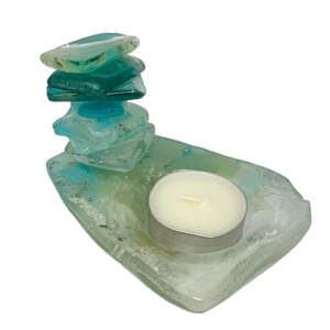 One of a kind cast glass Rocky Mountain Cairn sculpture + tea light holder by Heather Cuell | Effusion Art Gallery + Cast Glass Studio, Invermere BC