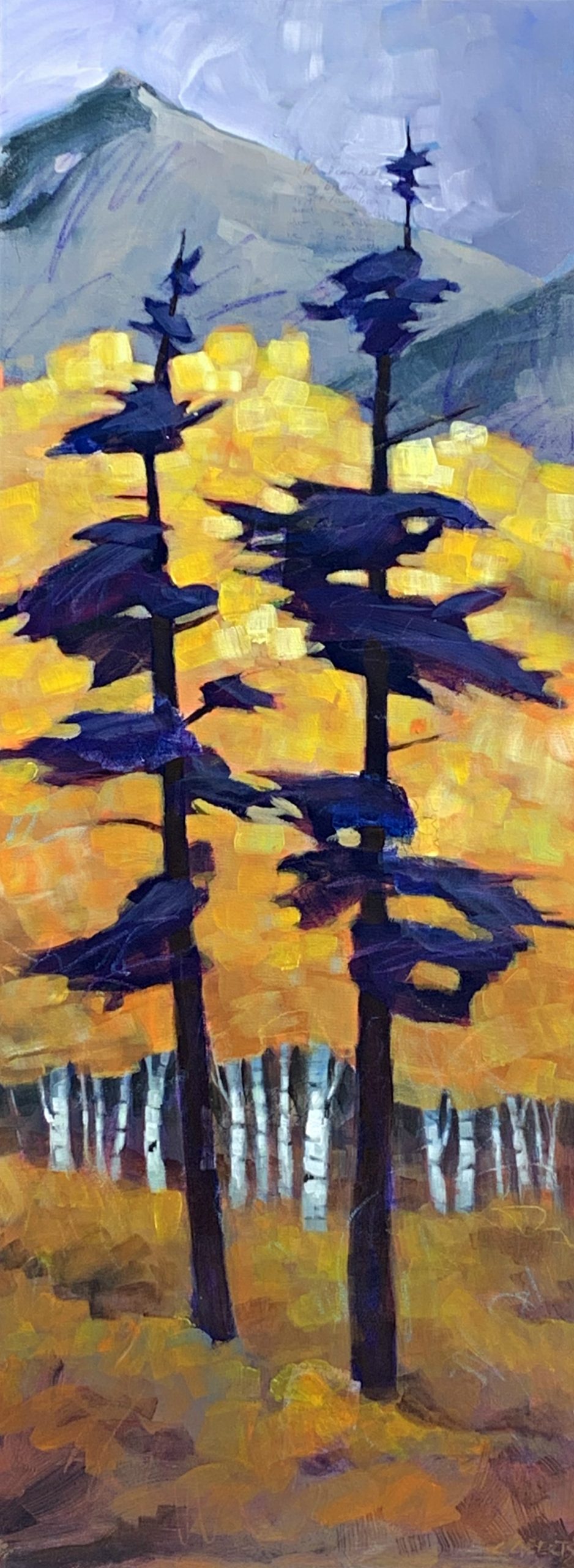 Mountain Meadow, acrylic tree and landscape painting by Connie Geerts | Effusion Art Gallery + Cast Glass Studio, Invermere BC