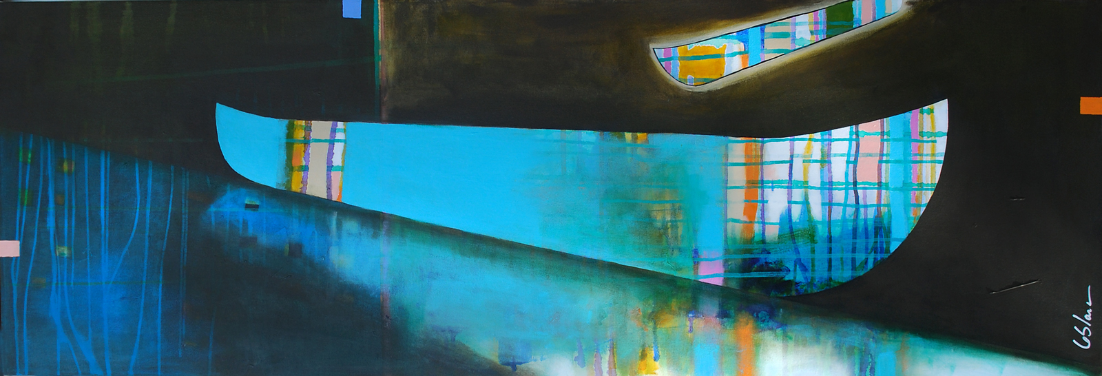 Les Reflets tout Bleu, mixed media canoe painting by Sylvain Leblanc | Effusion Art Gallery + Glass Studio, Invermere BC