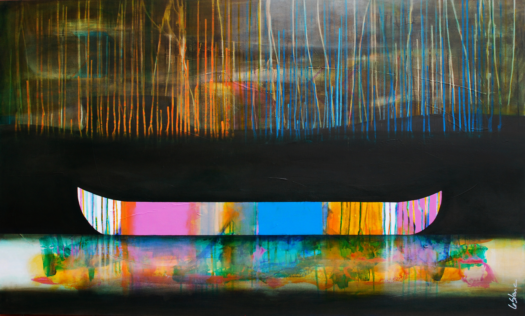 Ton Regard Entre les Branches, mixed media canoe painting by Sylvain Leblanc | Effusion Art Gallery + Glass Studio, Invermere BC