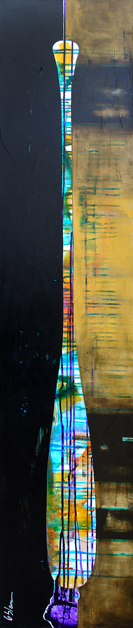 Manoeuvre en solo, mixed media canoe painting by Sylvain Leblanc | Effusion Art Gallery + Cast Glass Studio, Invermere BC