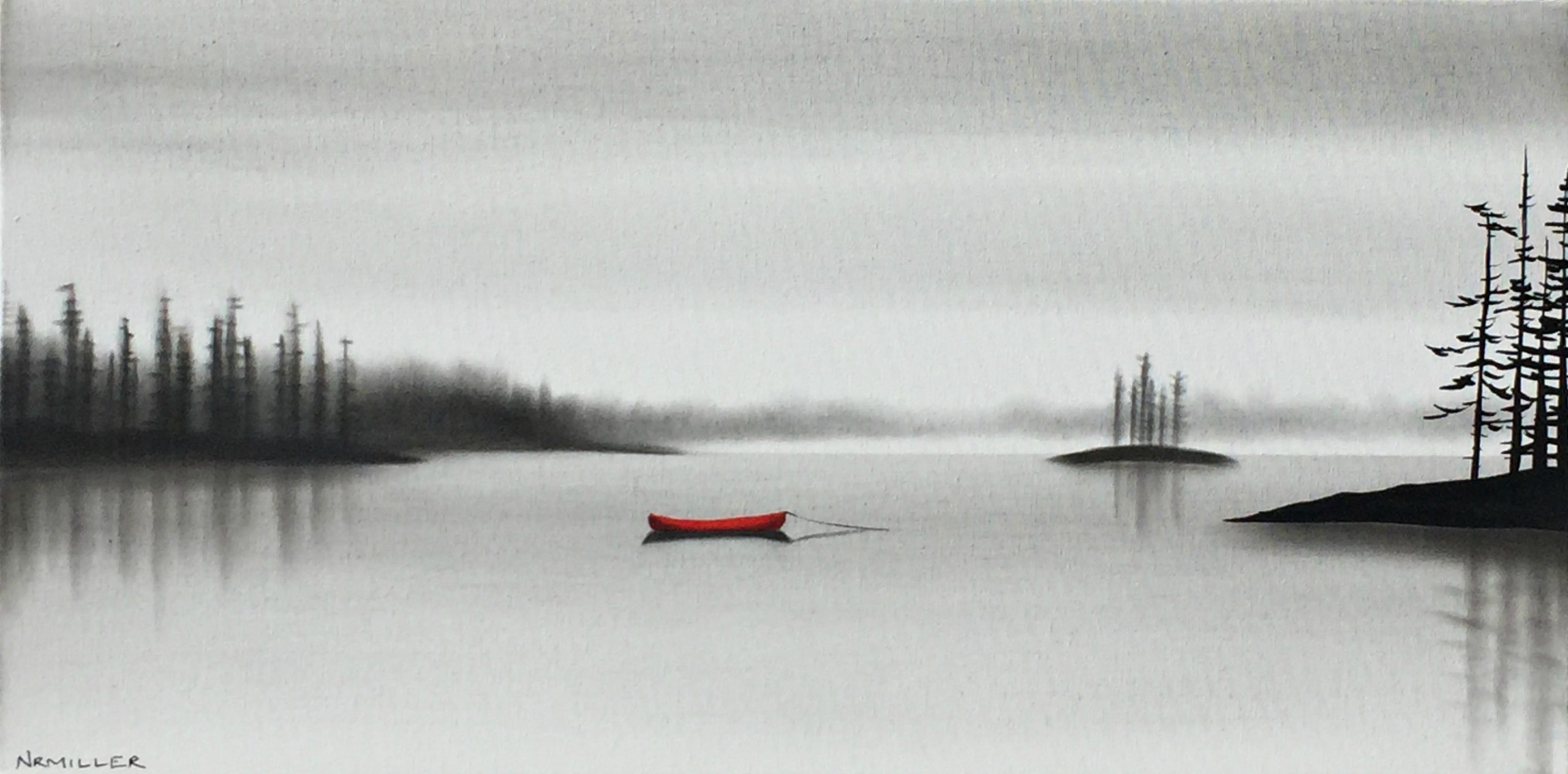Early Morning Mist, mixed media lake landscape painting by Natasha Miller | Effusion Art Gallery + Glass Studio, Invermere BC