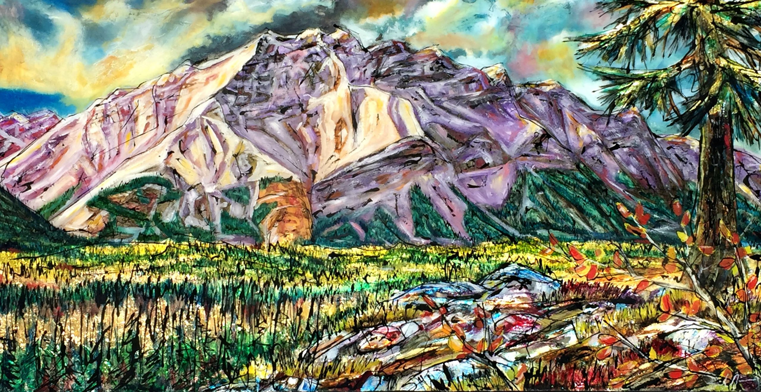 Wide Cascade, mixed media landscape painting by David Zimmerman | Effusion Art Gallery + Glass Studio, Invermere BC