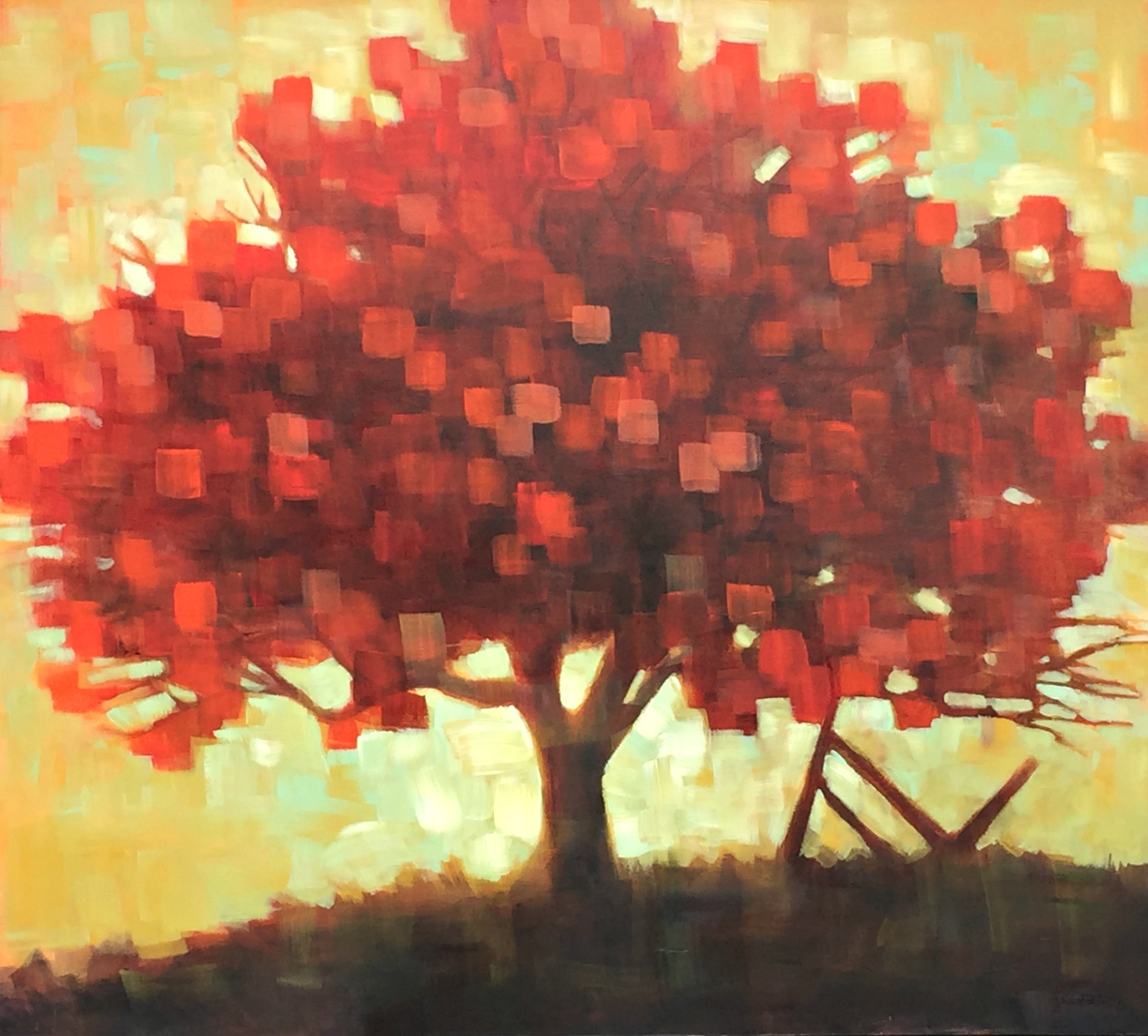 Red Glow, acrylic tree painting by Connie Geerts | Effusion Art Gallery + Glass Studio, Invermere BC