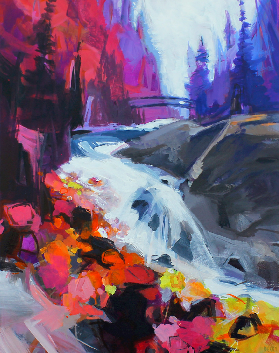 Bridge Over Tumbling Water, acrylic landscape painting by Becky Holuk | Effusion Art Gallery + Glass Studio, Invermere BC