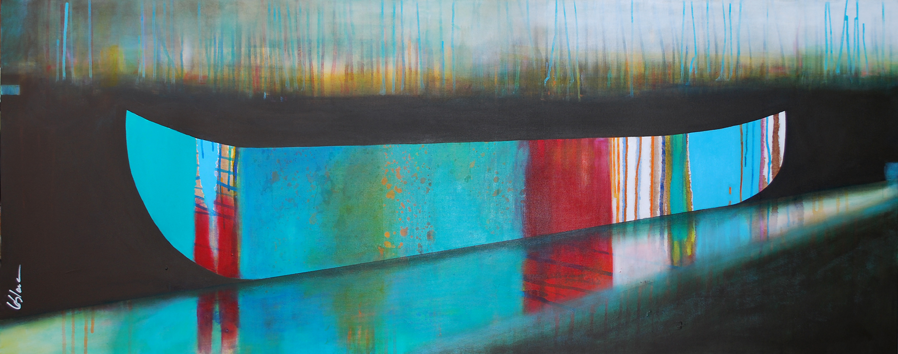 Les Luerurs des colorées, mixed media canoe painting by Sylvain Leblanc | Effusion Art Gallery + Glass Studio, Invermere BC