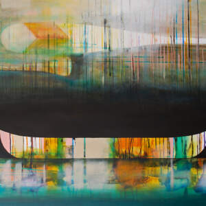 Les turquoises des horisons, mixed media canoe painting by Sylvain Leblanc | Effusion Art Gallery + Glass Studio, Invermere BC