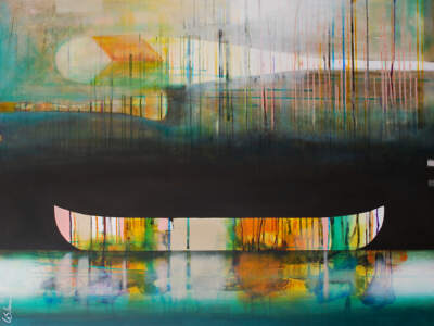 Les turquoises des horisons, mixed media canoe painting by Sylvain Leblanc | Effusion Art Gallery + Glass Studio, Invermere BC