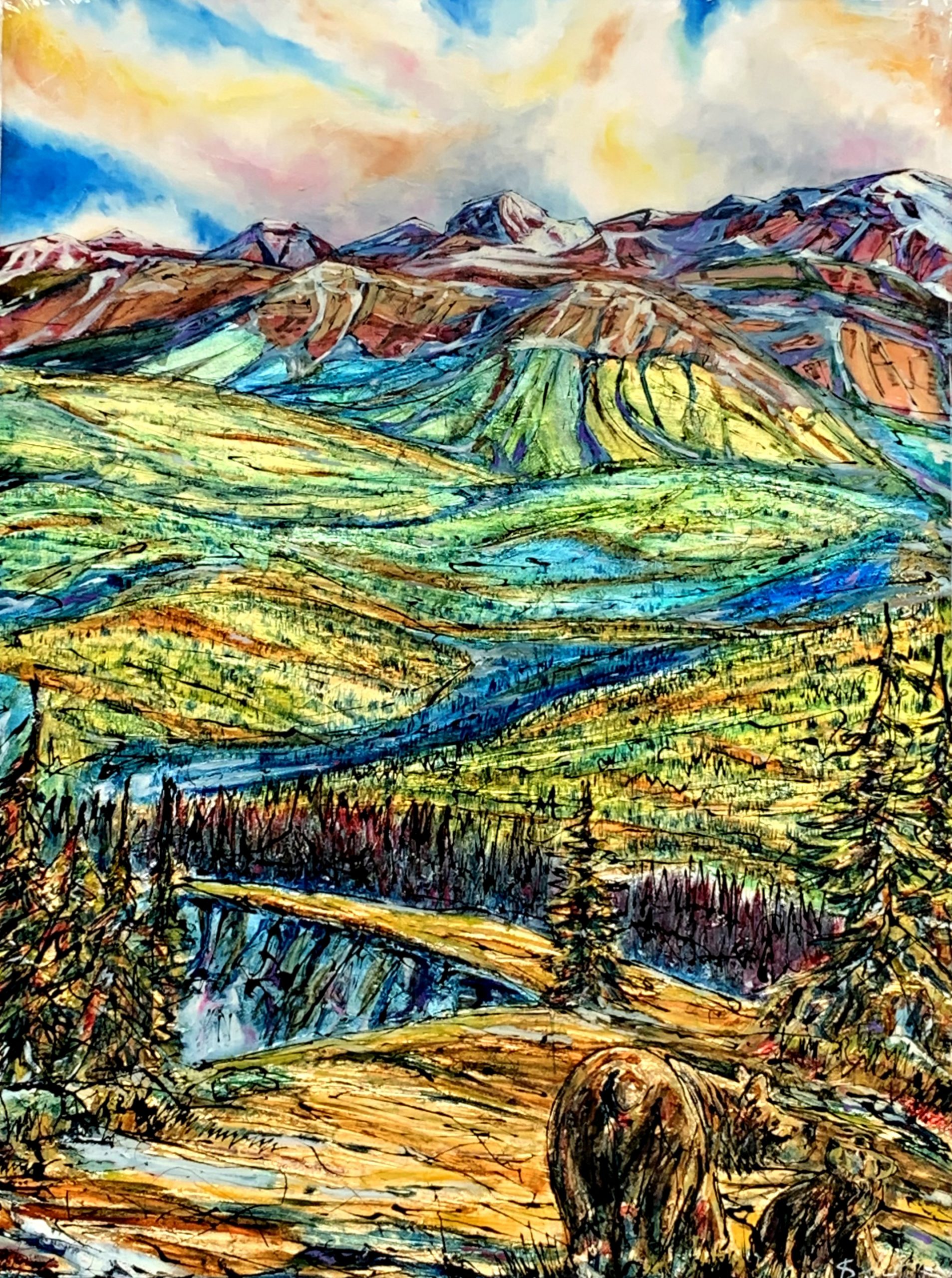 Sights on Prairie, mixed media landscape + bear painting by David Zimmerman | Effusion Art Gallery + Glass Studio, Invermere BC