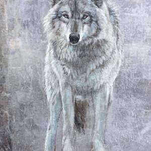 Lone Wolf, encaustic wolf painting by Paul Garbett | Effusion Art Gallery + Cast Glass Studio, Invermere BC