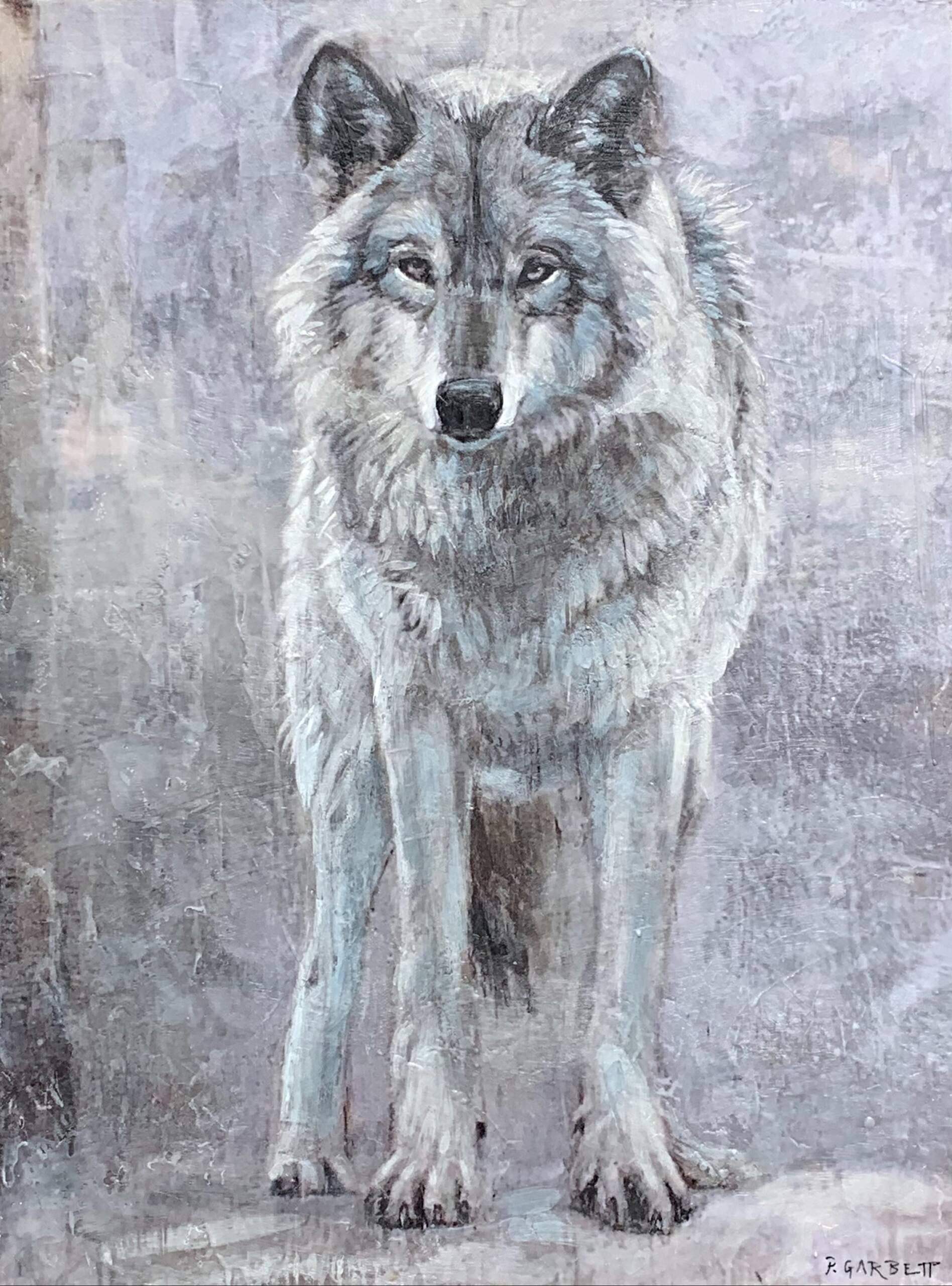 Lone Wolf, encaustic wolf painting by Paul Garbett | Effusion Art Gallery + Cast Glass Studio, Invermere BC