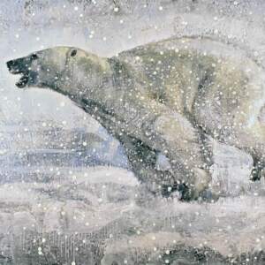 Running Polar Bear 63-03, encaustic bear cub painting by Paul Garbett | Effusion Art Gallery + Cast Glass Studio, Invermere BC