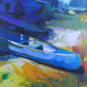 Can You Canoe 1, impressionist canoe painting by Becky Holuk | Effusion Art Gallery + Glass Studio, Invermere BC
