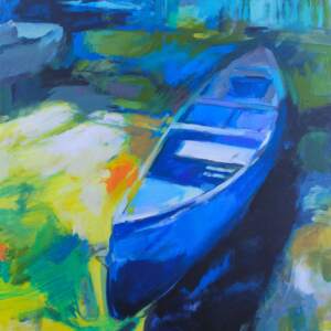 Can You Canoe 2, impressionist canoe painting by Becky Holuk | Effusion Art Gallery + Glass Studio, Invermere BC