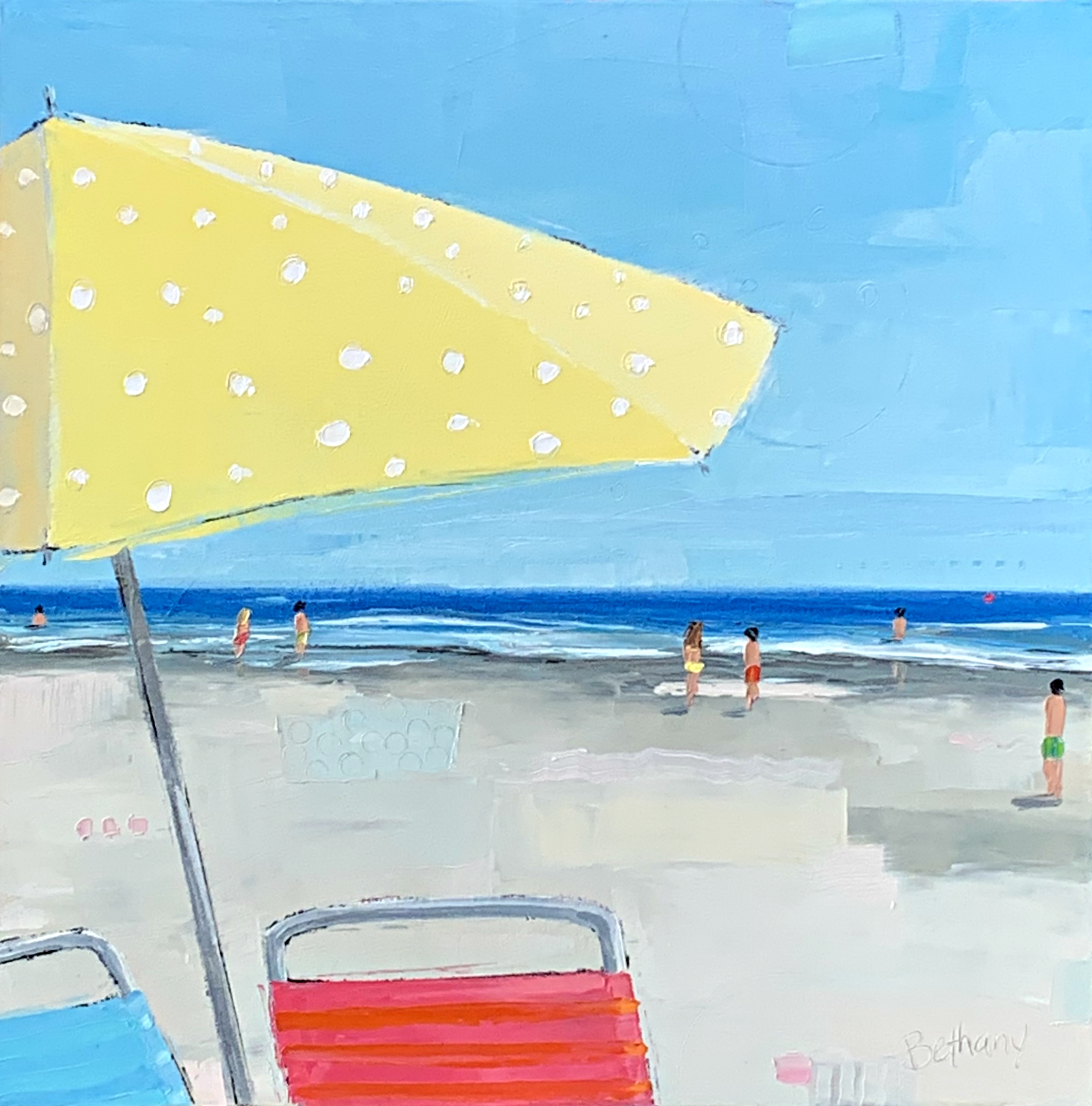 Yellow Polka Dot Umbrella, beach landscape painting by Bethany Harper Williams | Effusion Art Gallery + Glass Studio, Invermere BC