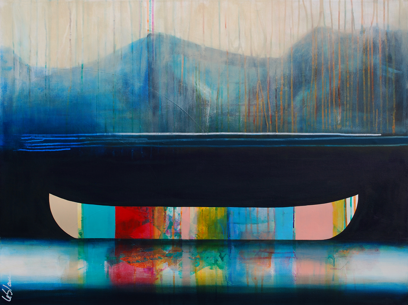 À flanc de montagne, mixed media canoe painting by Sylvain Leblanc | Effusion Art Gallery + Cast Glass Studio, Invermere BC