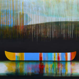 À l'aube des silences, mixed media canoe painting by Sylvain Leblanc | Effusion Art Gallery + Cast Glass Studio, Invermere BC