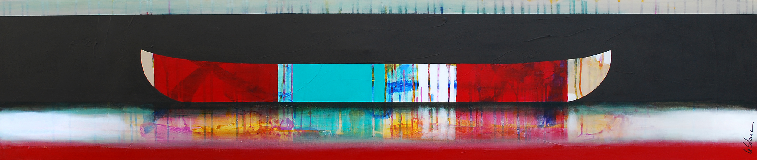 Avec tout dignité, mixed media canoe painting by Sylvain Leblanc | Effusion Art Gallery + Cast Glass Studio, Invermere BC