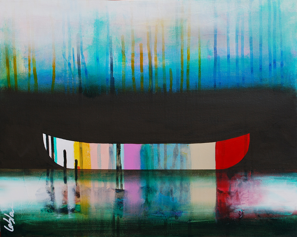 Belle Solitude, mixed media canoe painting by Sylvain Leblanc | Effusion Art Gallery + Cast Glass Studio, Invermere BC