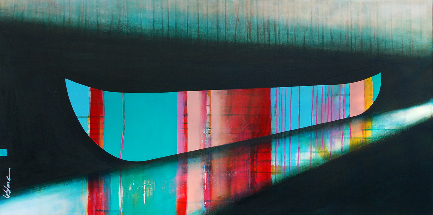 Loin de la rive, mixed media canoe painting by Sylvain Leblanc | Effusion Art Gallery + Cast Glass Studio, Invermere BC