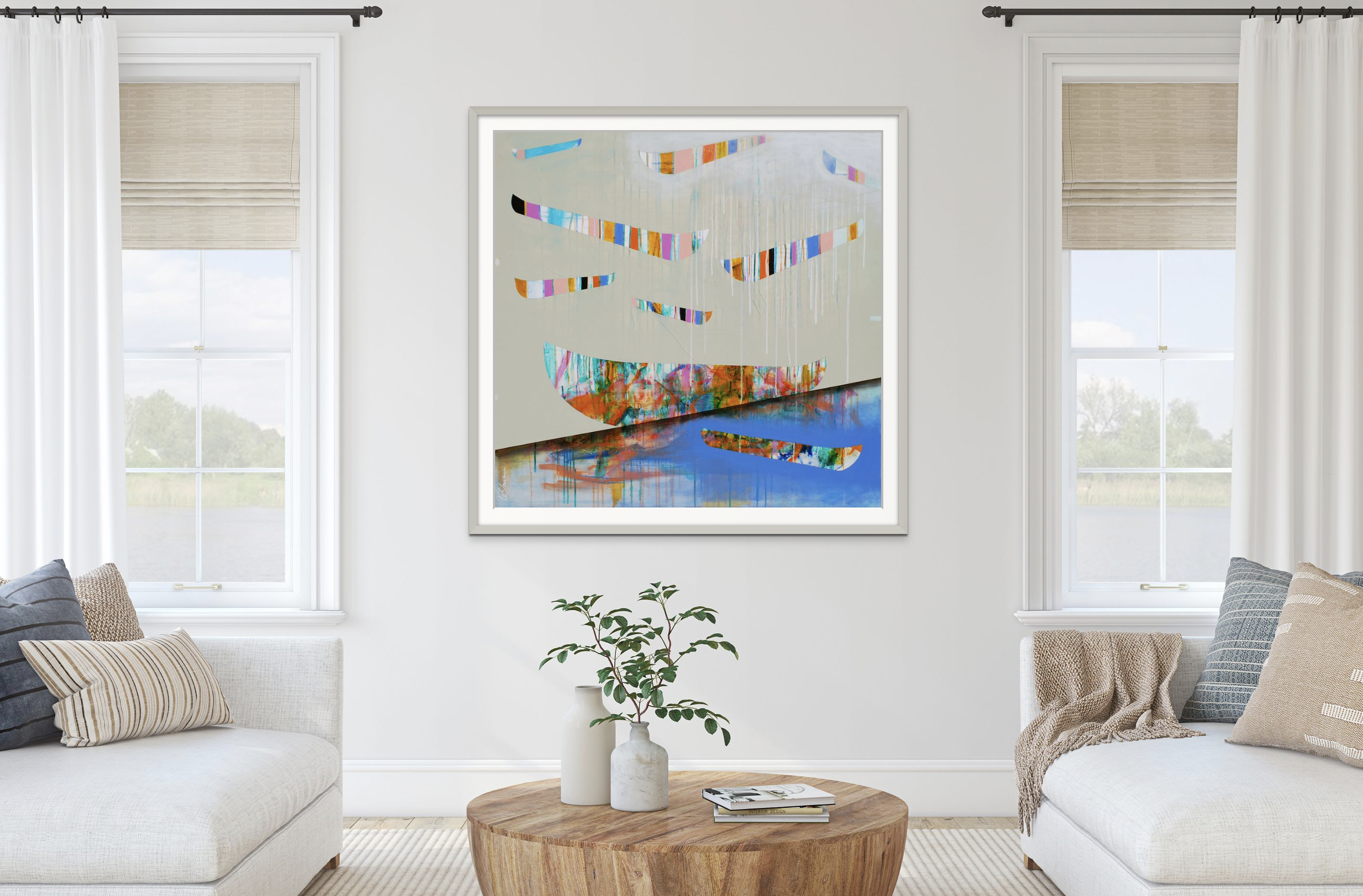 Tu bouges comme un mobile, mixed media modern canoe painting by Sylvain Leblanc | Effusion Art Gallery, Invermere BC