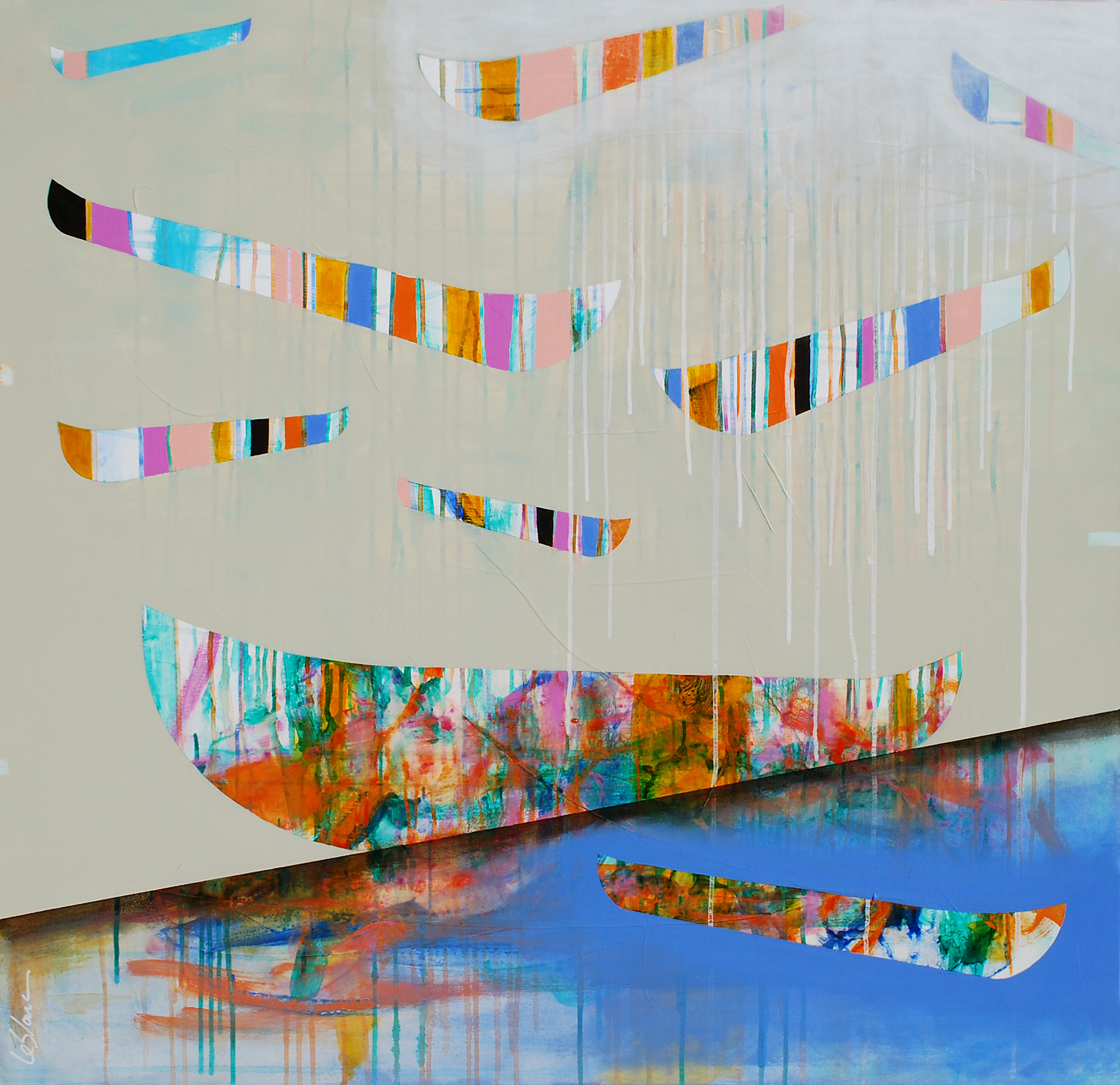 Tu bouges comme un mobile, mixed media canoe painting by Sylvain Leblanc | Effusion Art Gallery + Cast Glass Studio, Invermere BC