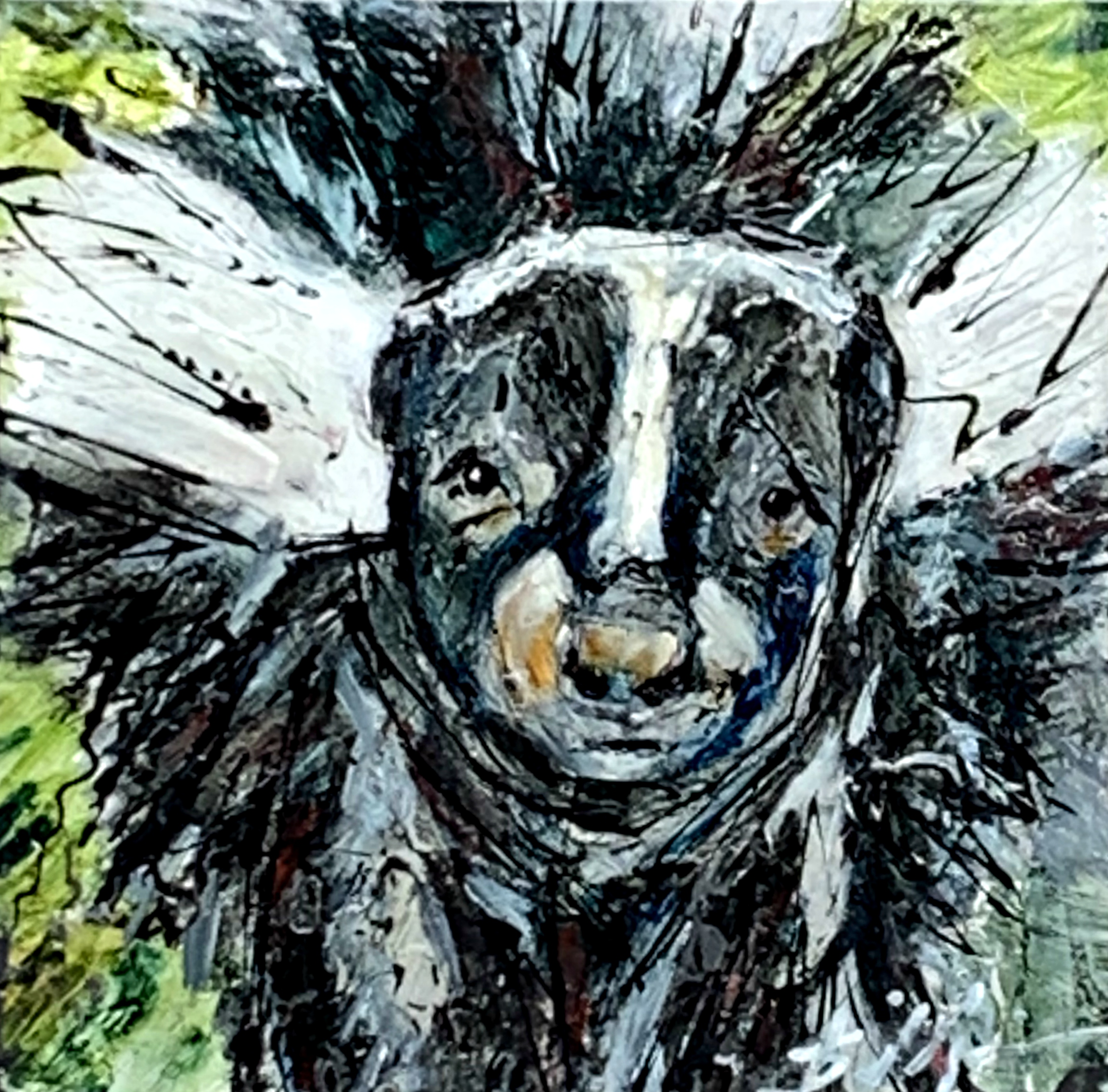 Canada 30, mixed media skunk painting by David Zimmerman | Effusion Art Gallery + Cast Glass Studio, Invermere BC