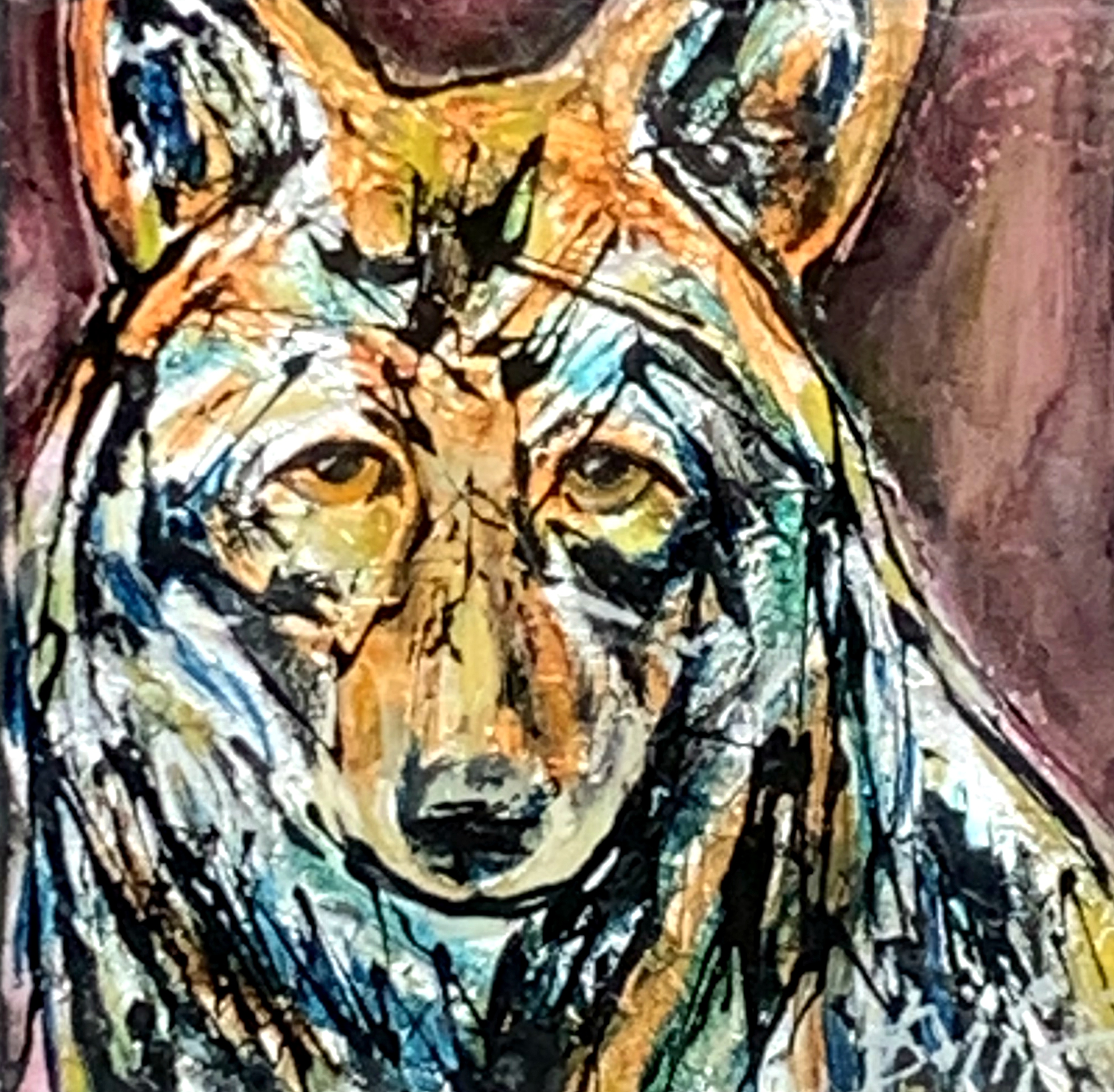 Canada 31, mixed media coyote painting by David Zimmerman | Effusion Art Gallery + Cast Glass Studio, Invermere BC