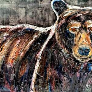 Looking to the Future, mixed media brown bear painting by David Zimmerman | Effusion Art Gallery + Cast Glass Studio, Invermere BC