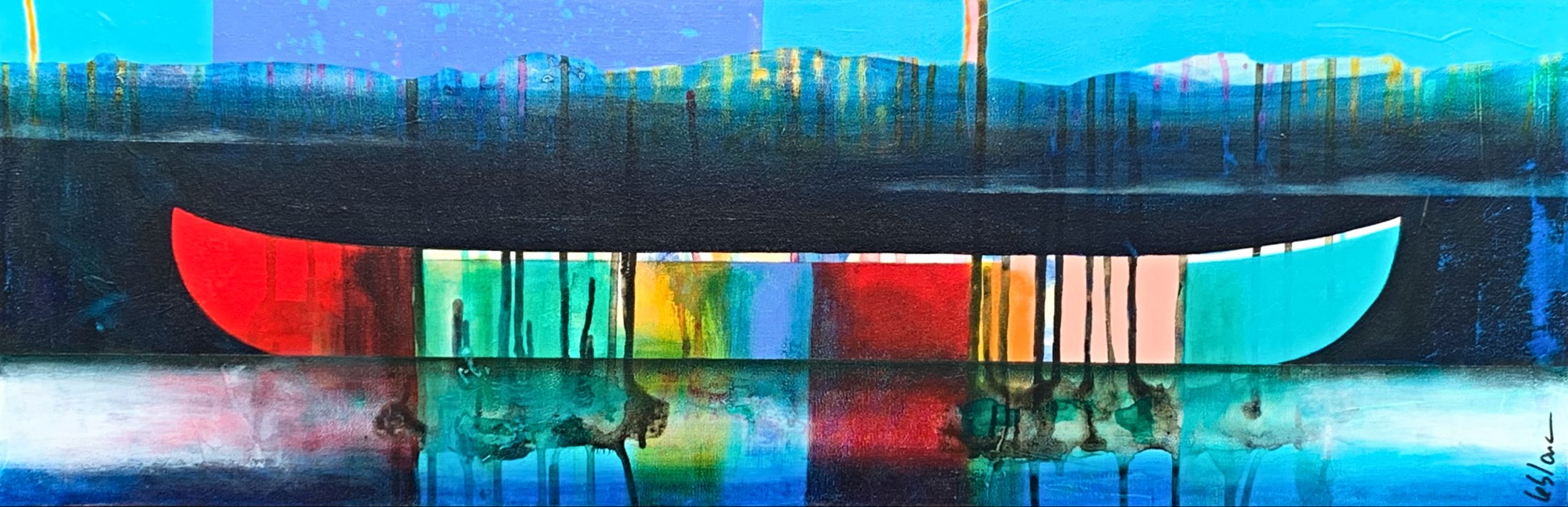 Souvenirs au loin, mixed media canoe painting by Sylvain Leblanc | Effusion Art Gallery + Cast Glass Studio, Invermere BC