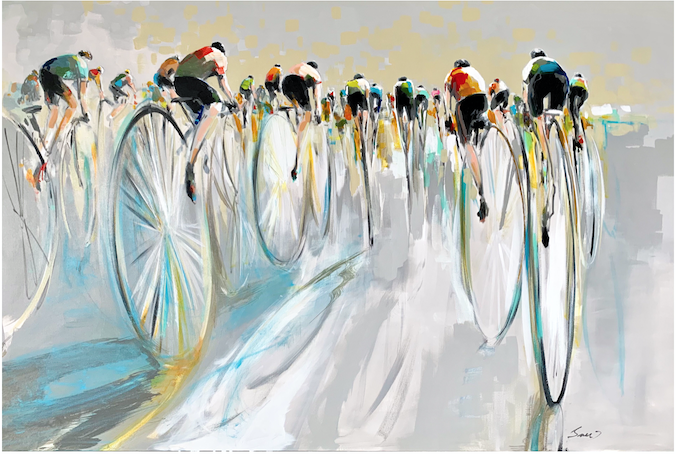 Everyone Together, cyclist painting by Marie-France Boisvert | Effusion Art Gallery + Cast Glass Studio, Invermere BC