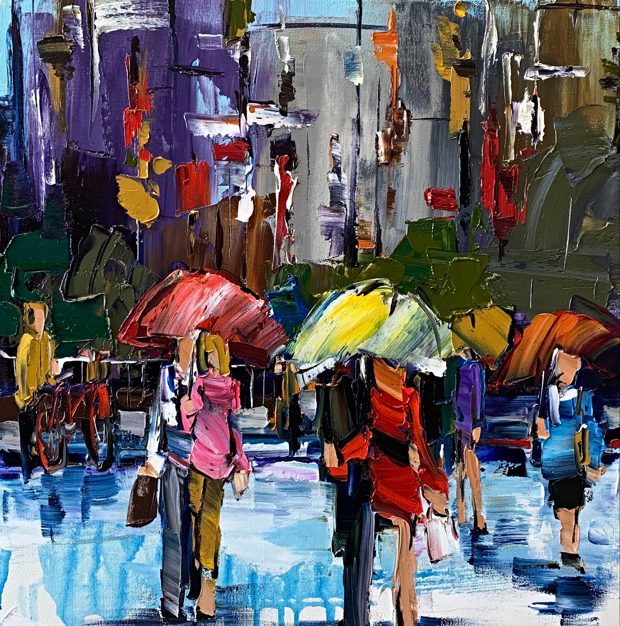 There's Just Something about an Umbrella 1, rainy cityscape painting by Kimberly Kiel | Effusion Art Gallery + Cast Glass Studio, Invermere BC