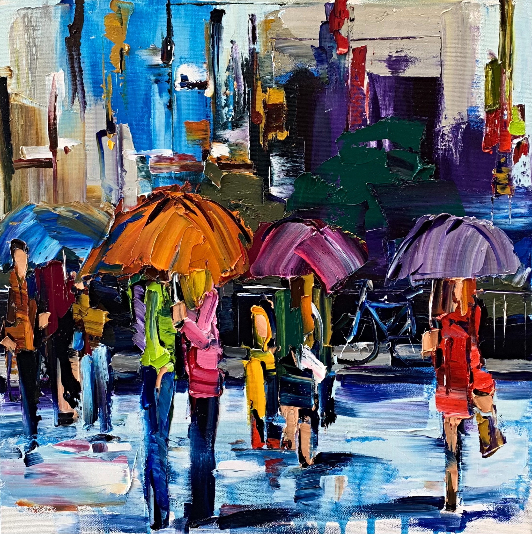 There's Just Something about an Umbrella 2, rainy cityscape painting by Kimberly Kiel | Effusion Art Gallery + Cast Glass Studio, Invermere BC