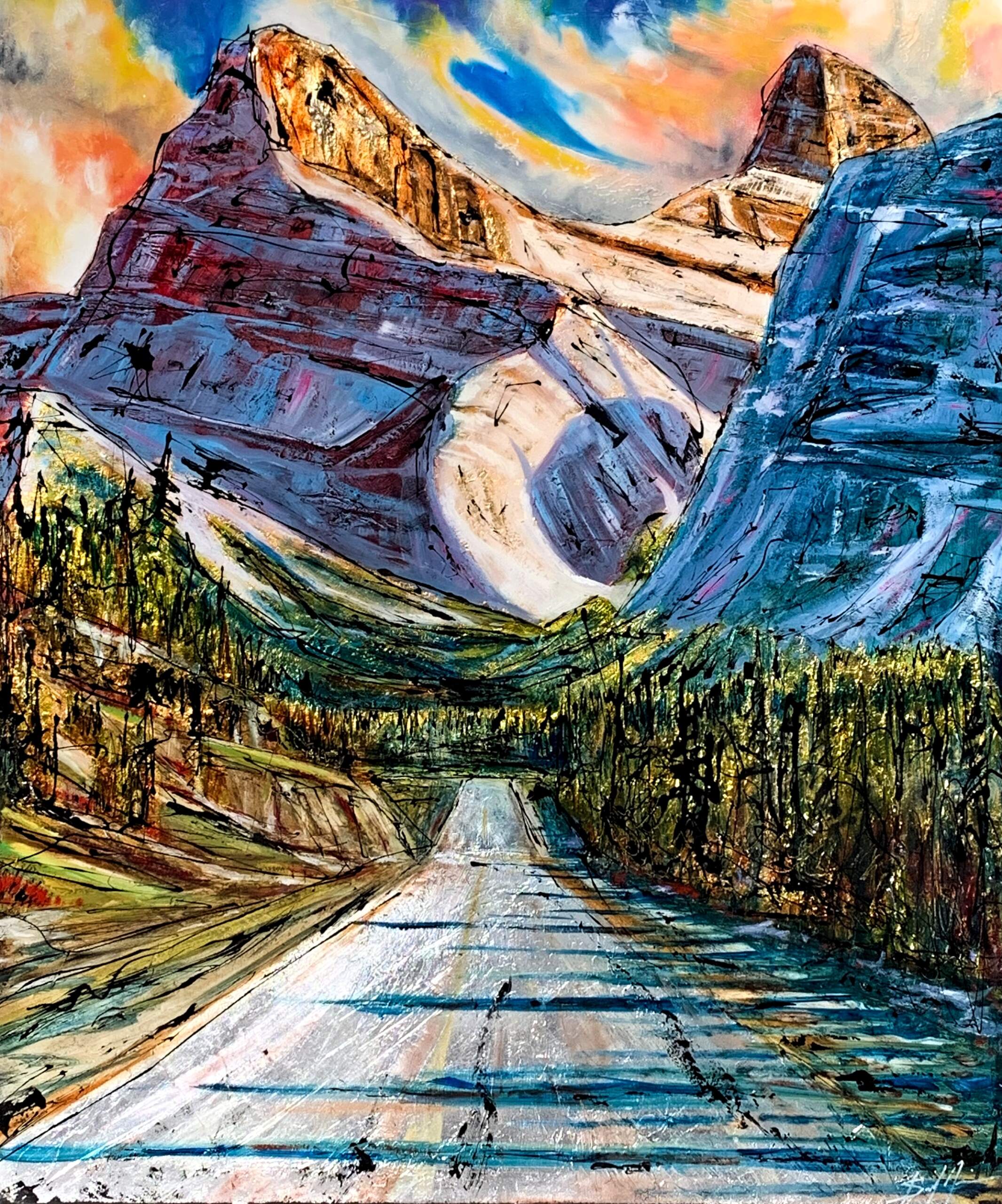 Journey to Gold, mixed media landscape painting by David Zimmerman | Effusion Art Gallery + Cast Glass Studio, Invermere BC