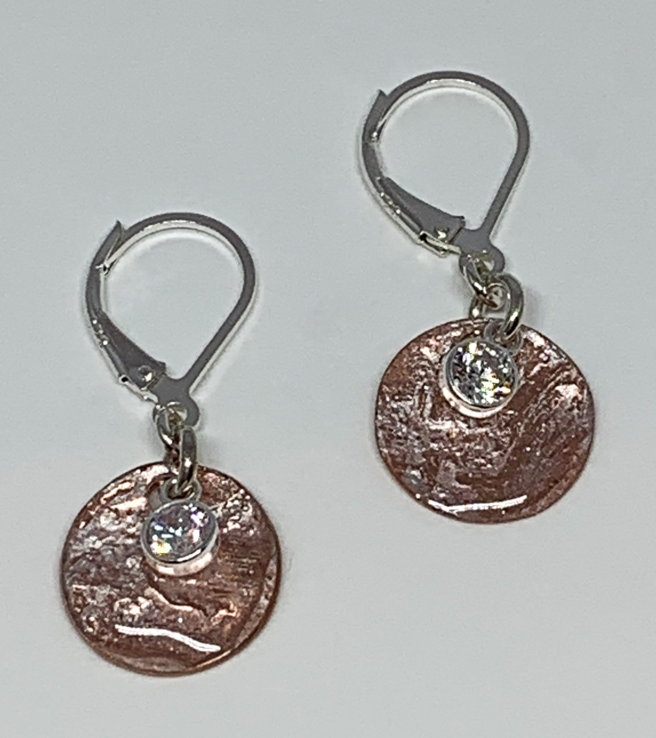 Pearlized copper, sterling silver, and CZ earrings by Karyn Chopik | Effusion Art Gallery + Cast Glass Studio, Invermere BC