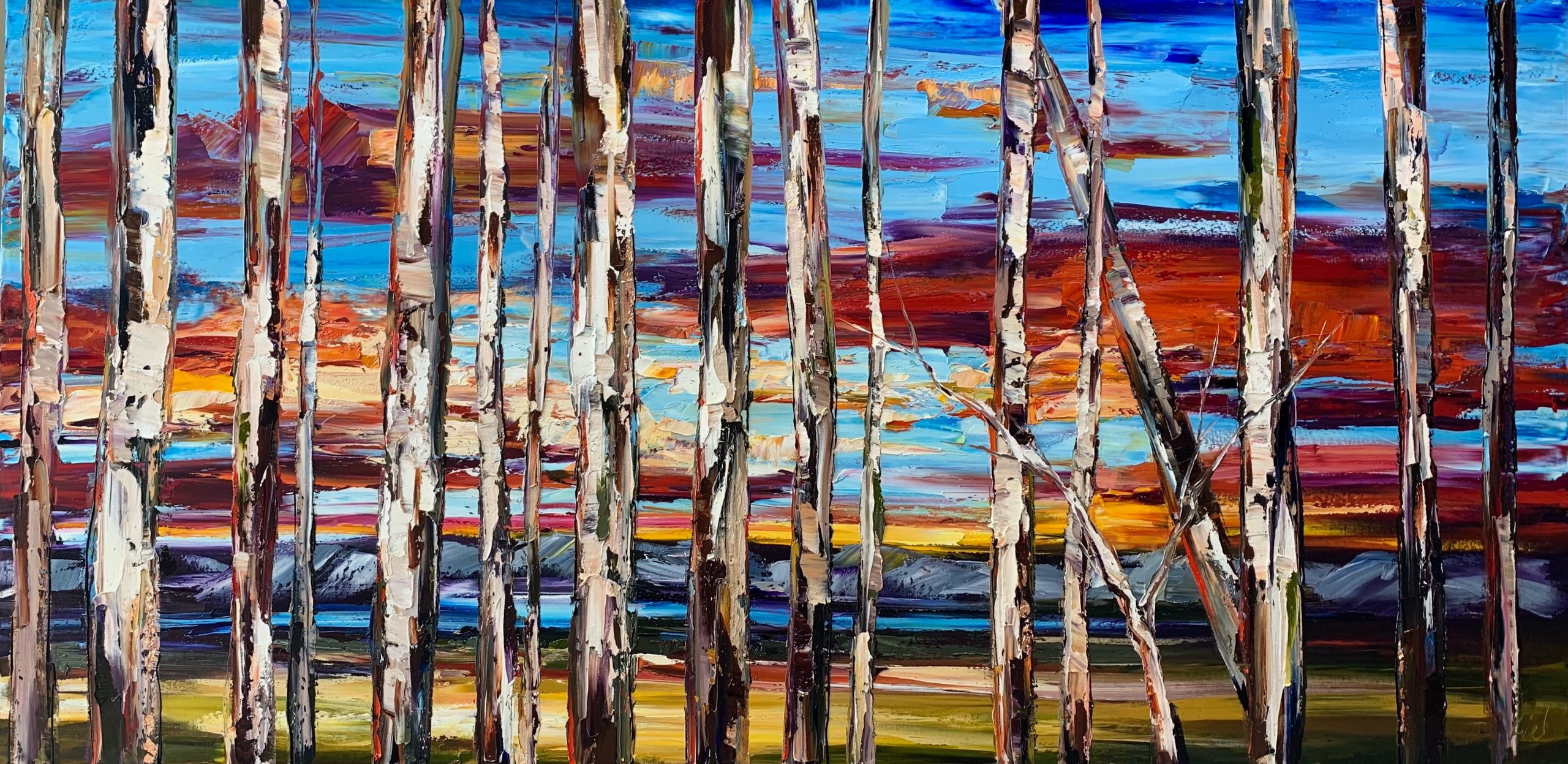 On the Road to Find Out, oil treescape painting by Kimberly Kiel | Effusion Art Gallery + Cast Glass Studio, Invermere BC