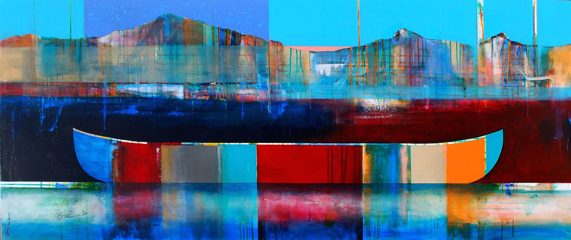 À la lueur des montagnes, mixed media canoe painting by Sylvain Leblanc | Effusion Art Gallery + Cast Glass Studio, Invermere BC