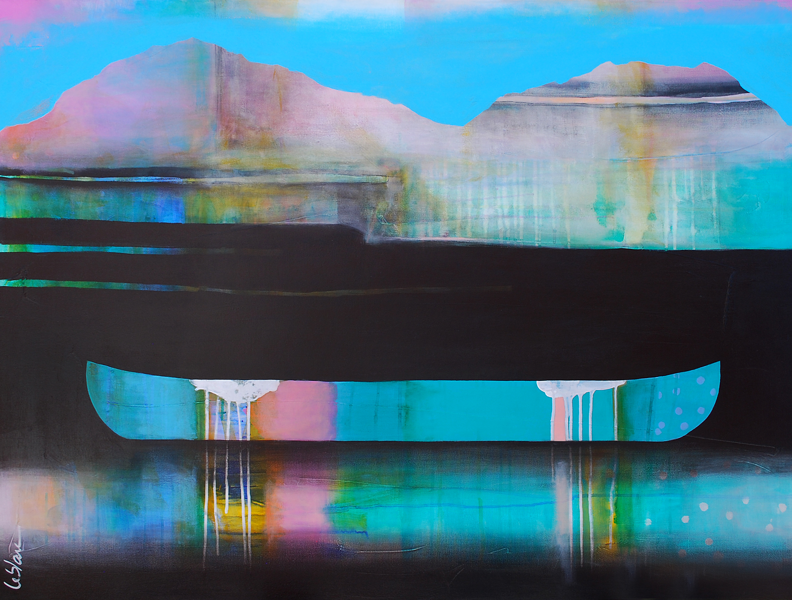Cette attirance des écluses lointaines, mixed media canoe painting by Sylvain Leblanc | Effusion Art Gallery + Cast Glass Studio, Invermere BC