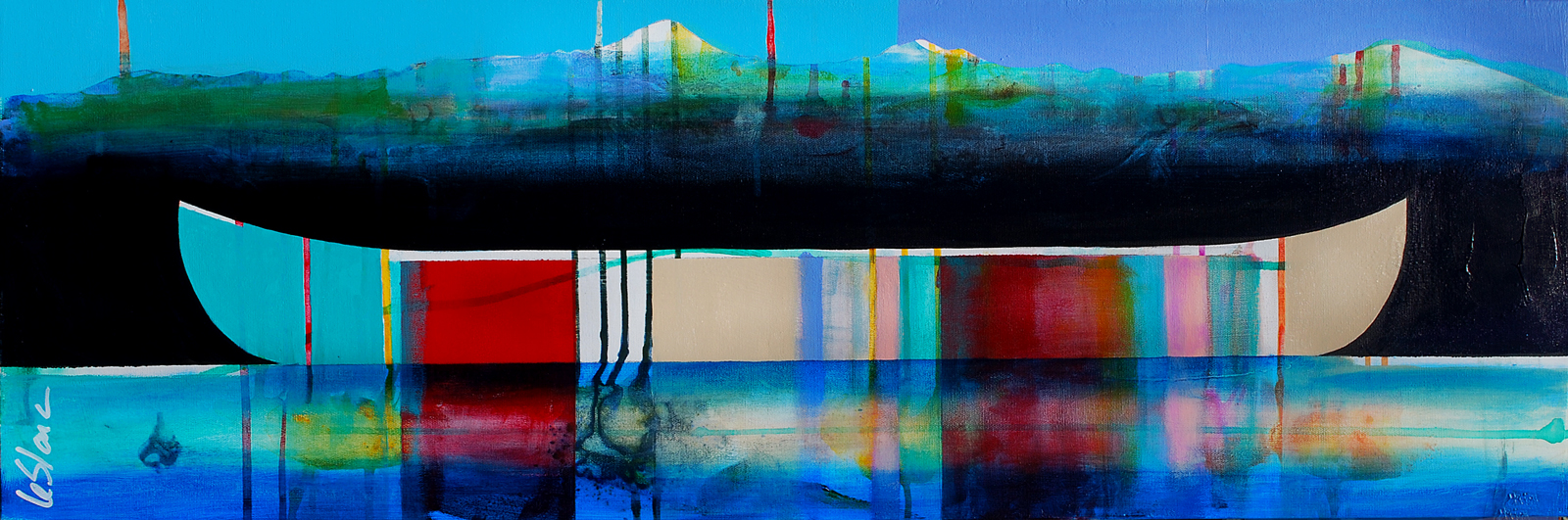 Sonate, mixed media canoe painting by Sylvain Leblanc | Effusion Art Gallery + Cast Glass Studio, Invermere BC