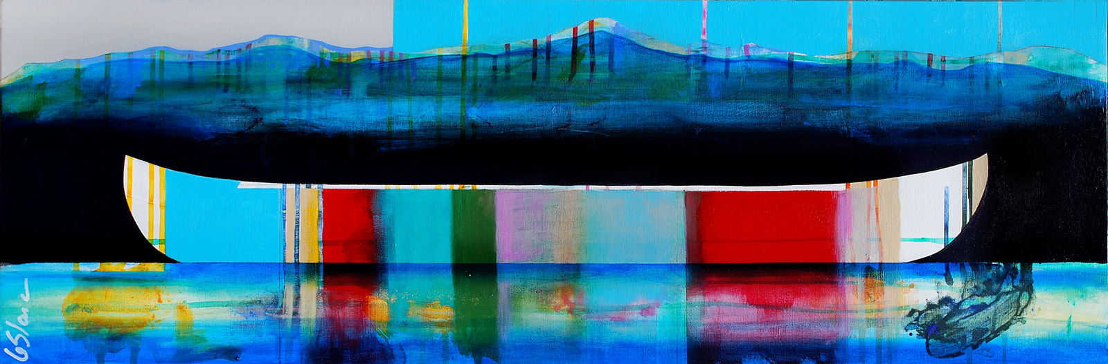 Soupir, mixed media canoe painting by Sylvain Leblanc | Effusion Art Gallery + Cast Glass Studio, Invermere BC