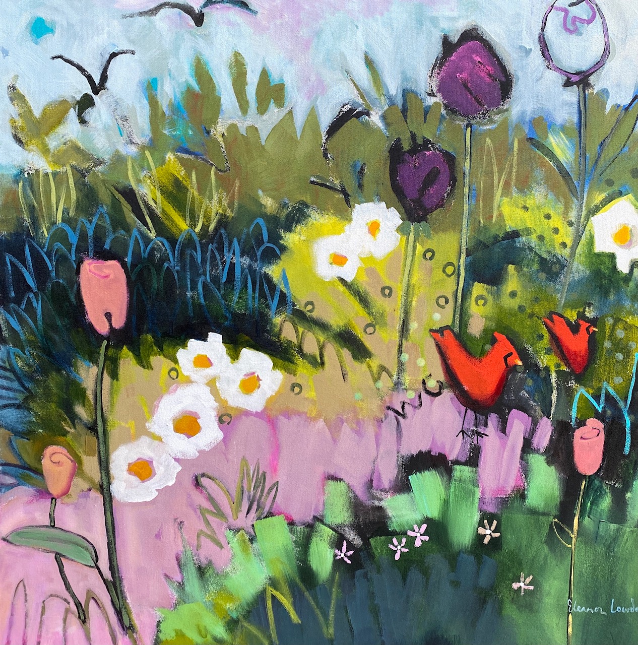 We Met in the Neighbour's Garden, acrylic painting by Eleanor Lowden | Effusion Art Gallery + Cast Glass Studio, Invermere BC