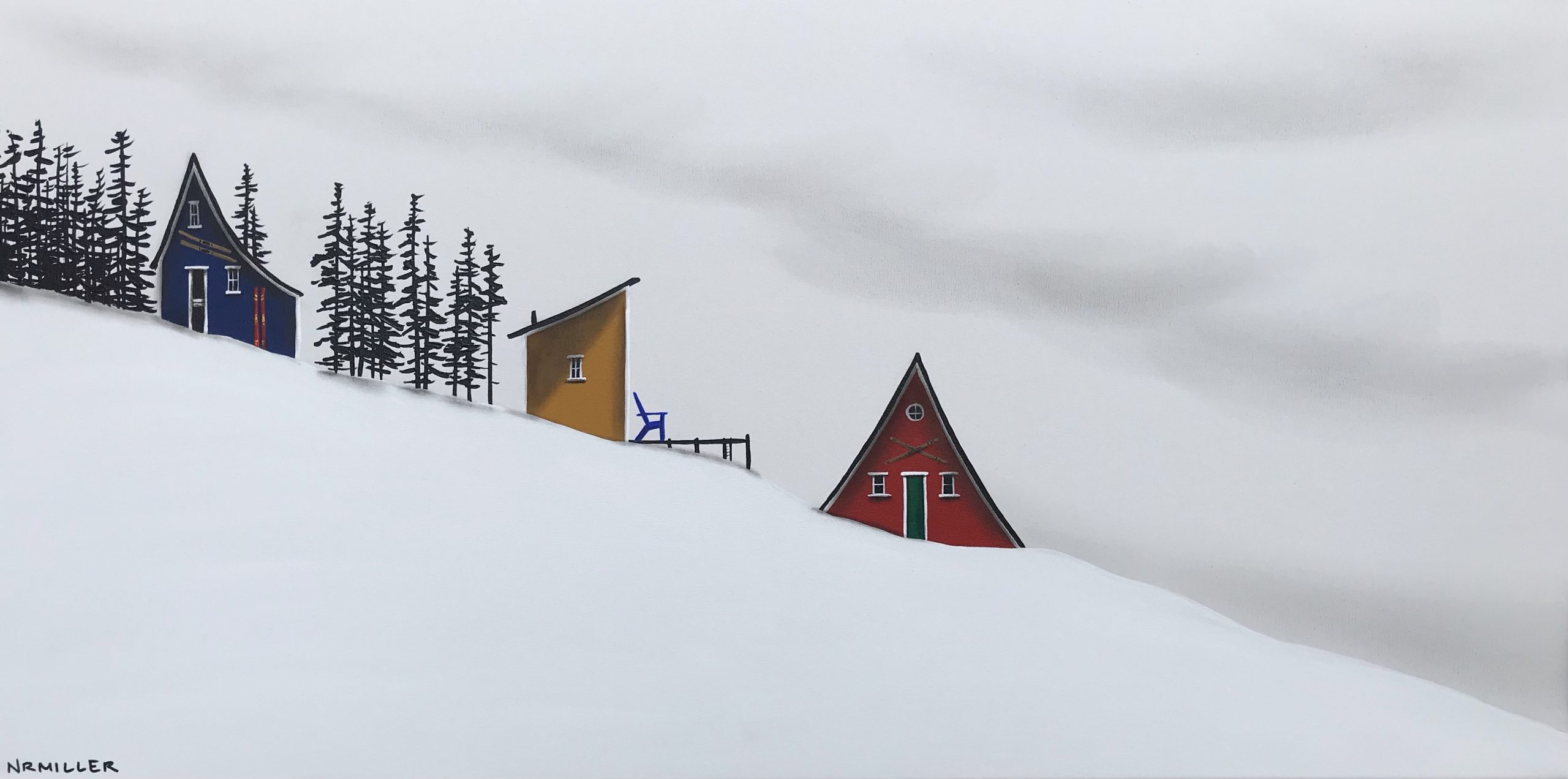 Spring Ski Glee, mixed media landscape painting by Natasha Miller | Effusion Art Gallery + Cast Glass Studio, Invermere BC