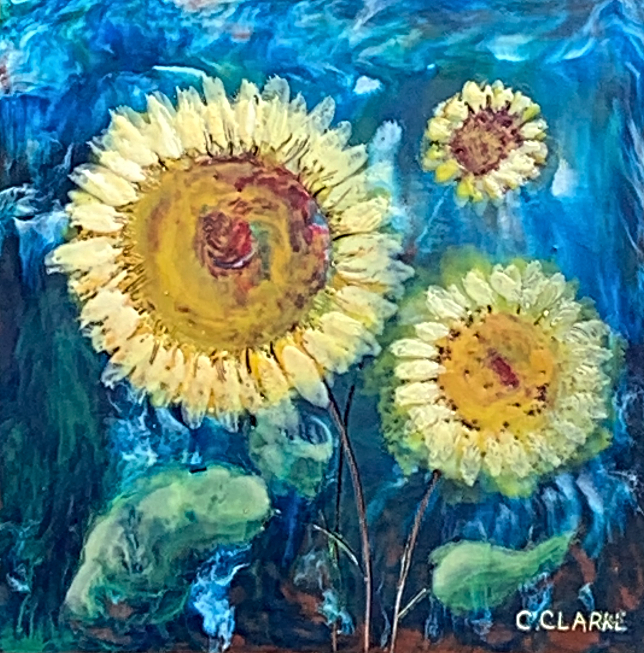 Photobomb, encaustic sunflower painting by Catharine Clarke | Effusion Art Gallery + Cast Glass Studio, Invermere BC