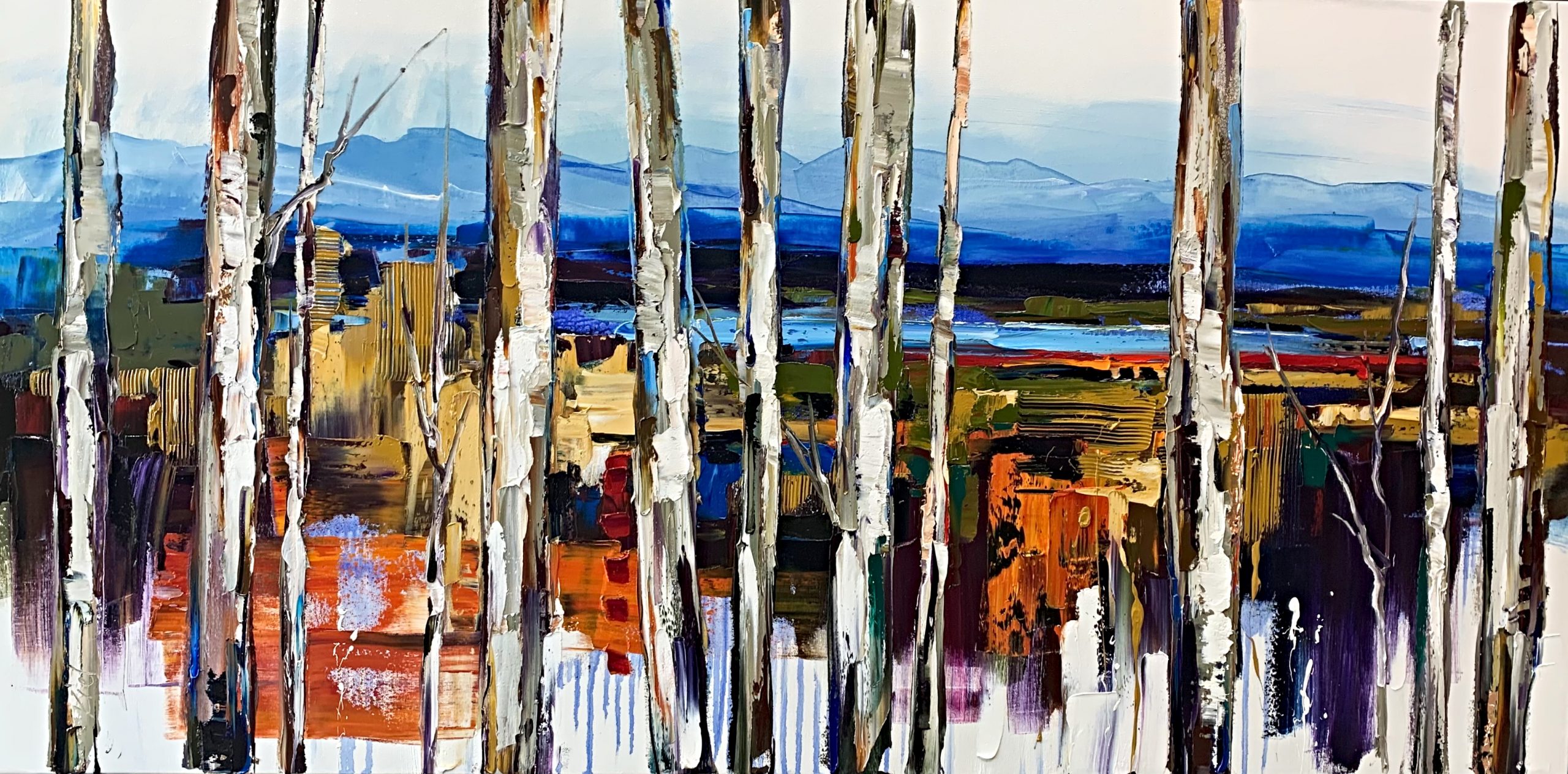 Modern Interpretations, mixed media treescape by Kimberly Kiel | Effusion Art Gallery +  Cast Glass Studio, Invermere BC