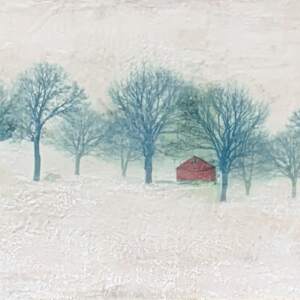 Red Shed, encaustic landscape painting by Lee Anne LaForge | Effusion Art Gallery + Cast Glass Studio, Invermere BC