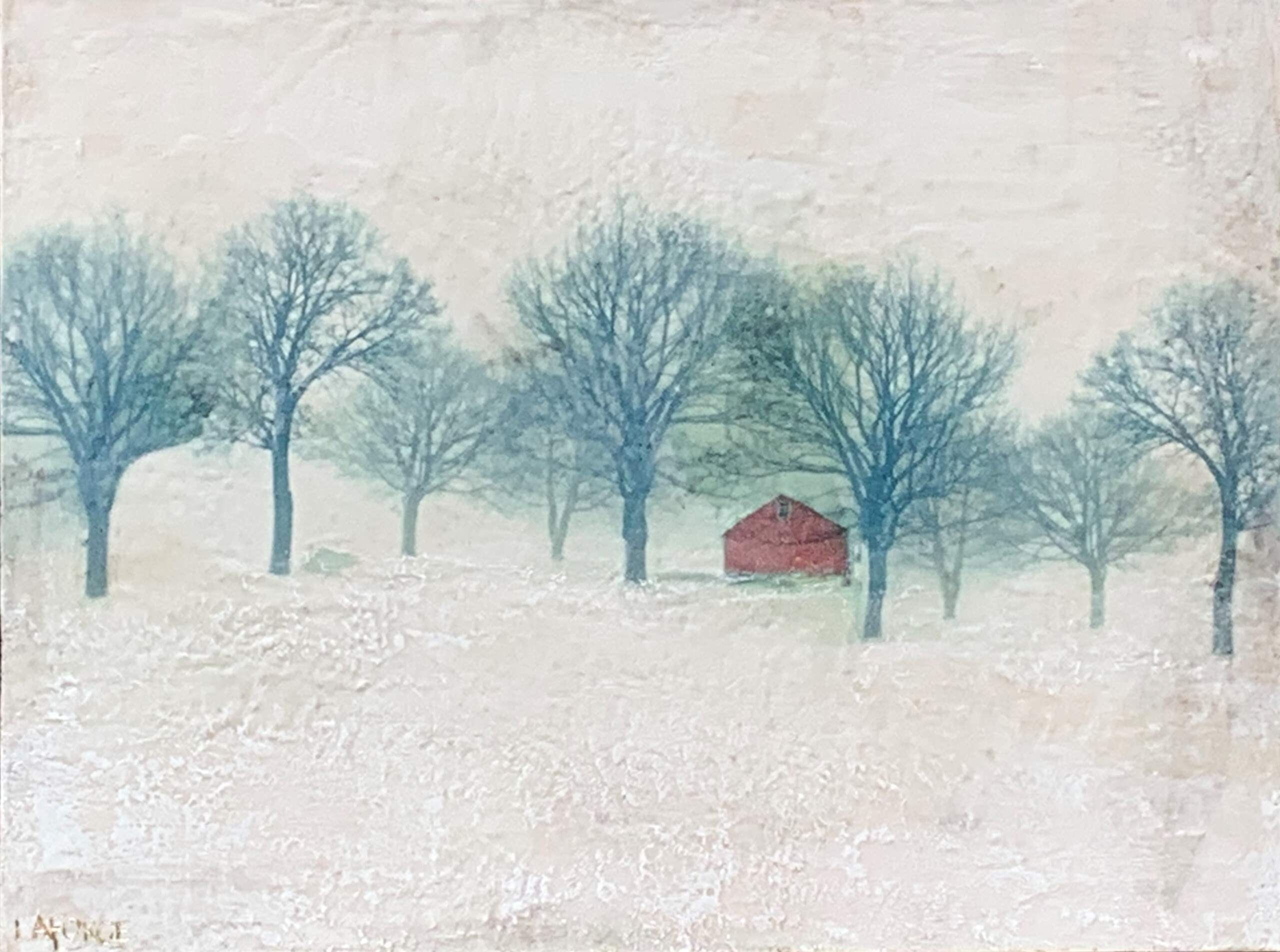 Red Shed, encaustic landscape painting by Lee Anne LaForge | Effusion Art Gallery + Cast Glass Studio, Invermere BC